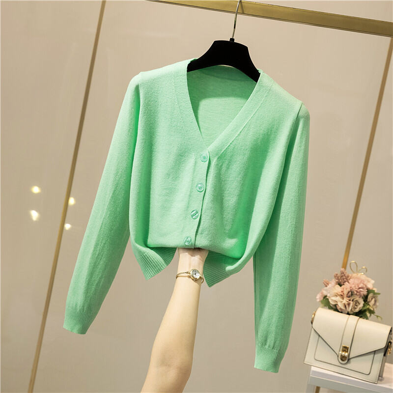 Áo Cardigan Dệt Kim Mùa Xuân Thu Áo Nhỏ MặC Ngoài Mẫu Ngắn Cho Nữ Áo Dài Tay Áo Len Cổ V Áo Khoác Rộng Rãi Dễ Phối Kiểu Mỏng