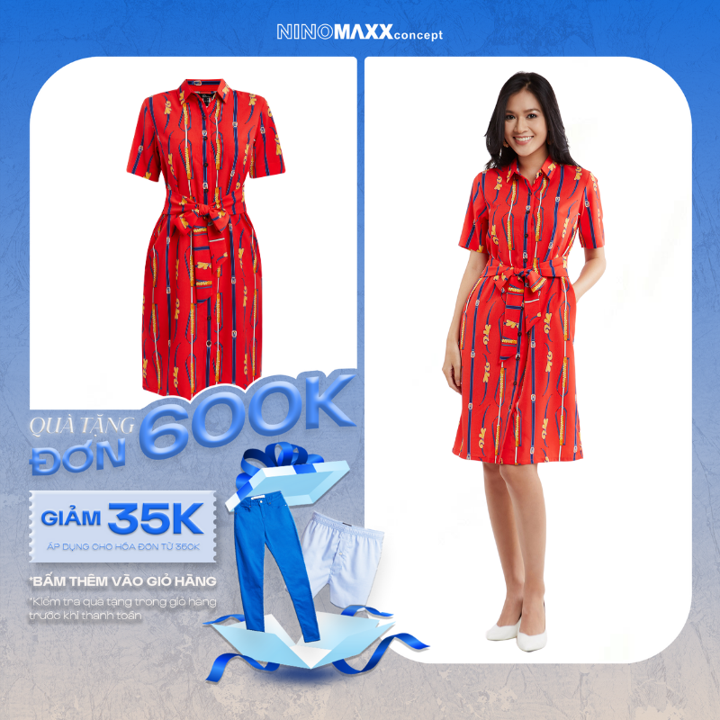 [CÒN SIZE S] Đầm Nữ Cổ Sơ Mi Thắt Eo In Hoạ Tiết Chất Liệu Poly N&M Thương Hiệu NINOMAXX 2009015