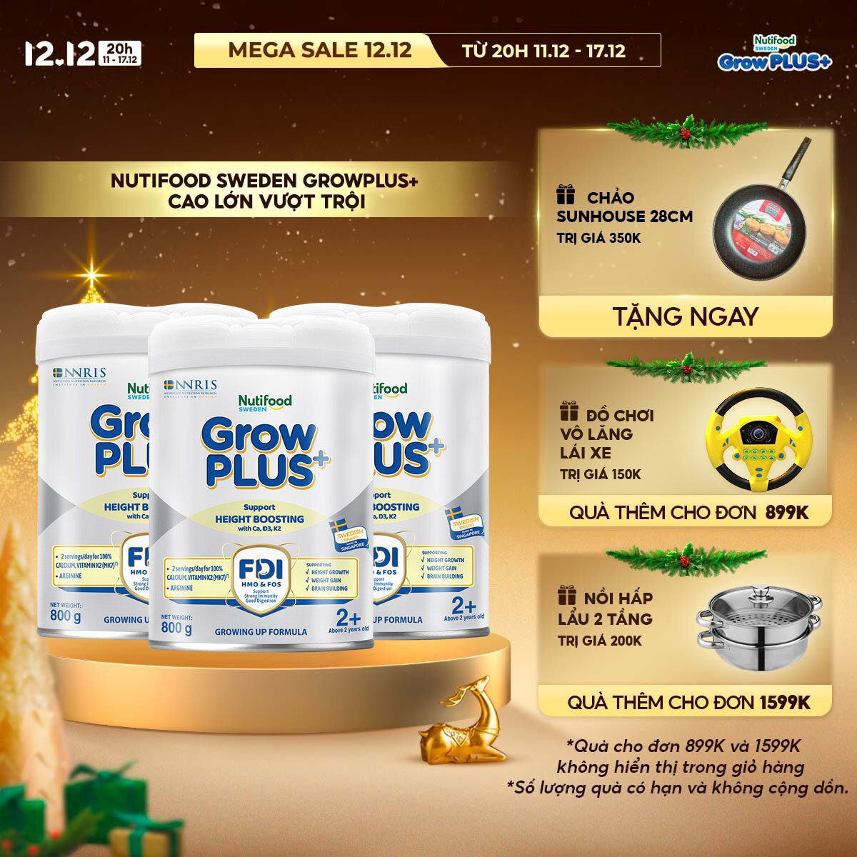 Combo 3 Sữa Bột Nutifood Sweden GrowPLUS+ Cao lớn vượt trội trên 2 tuổi (Bạc) 800g