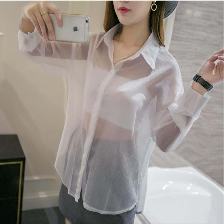 Áo Sơ Mi Trong Suốt Voan Organza Chiffon Mẫu Mùa Xuân Áo Sơ Mi Gợi Cảm Xuyên Thấu Dài Tay Nữ Áo Điều Hòa Chống Nắng Siêu Mỏng