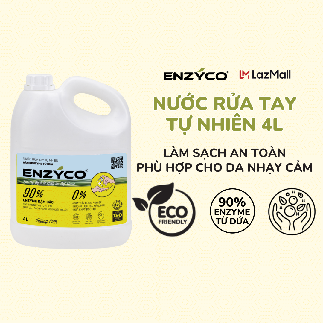 Nước rửa tay sinh học ENZYCO can 4L - 90% Enzyme từ dứa giúp làm sạch mạnh mẽ, diệt khuẩn, bảo vệ da tay, mềm da - Hương cam