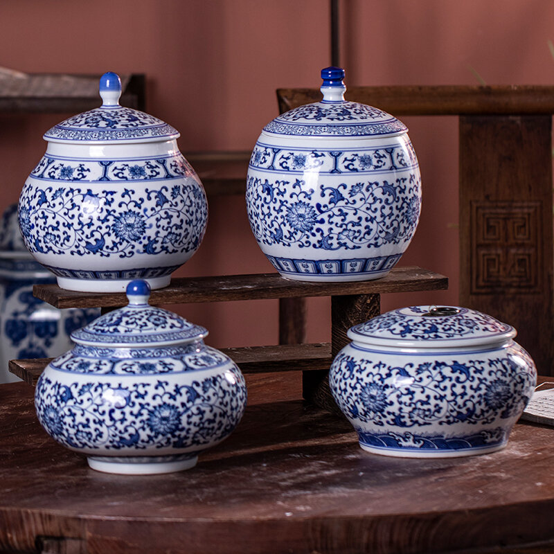 Đồ gốm sứ trấn cảnh đức, sứ thanh hoa, bình trà cổ xưa, hộp đựng trà, hộp đựng trà gốm sứ cất trà sáng tạo trong nhà