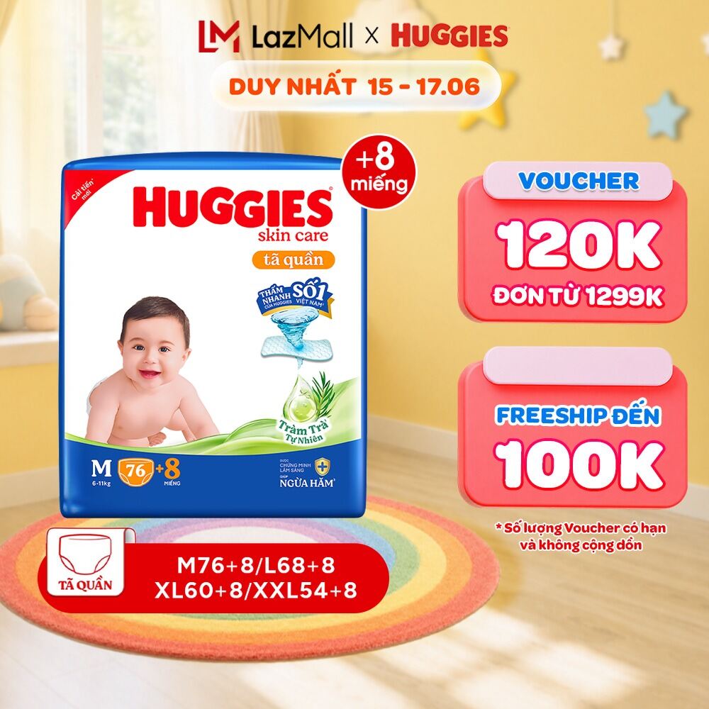 Tã/bỉm quần HUGGIES SKINCARE gói M76+8/L68/XL60/XXL54