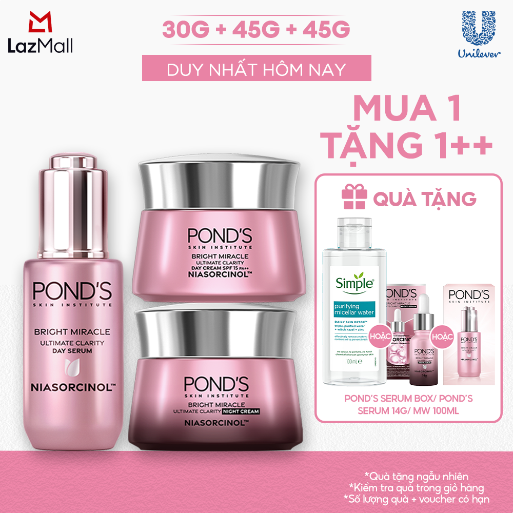 [Combo] Bộ 1 Serum ngày và kem dưỡng sáng da ngày  đêm Pond's Bright Miracle mờ thâm sạm với 50X Niasorcinol 30G+45G+45G