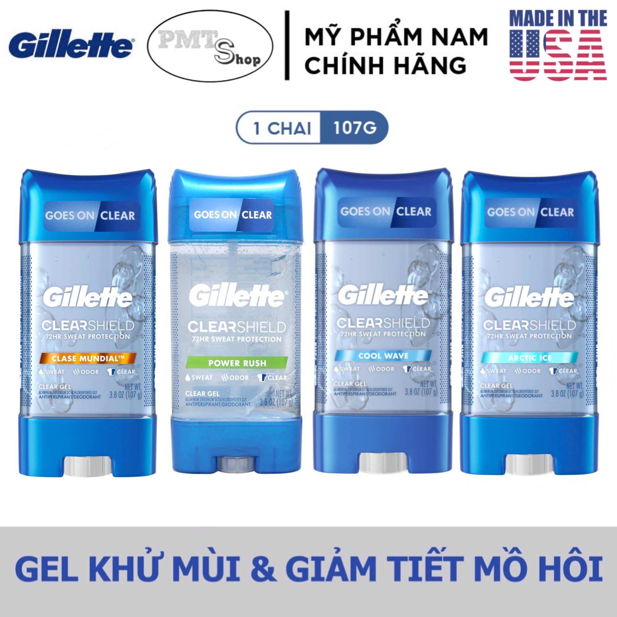 (NK Mỹ) Lăn khử mùi Gillette Clear Shield Gel 107g hương Arctic Ice / Cool Wave