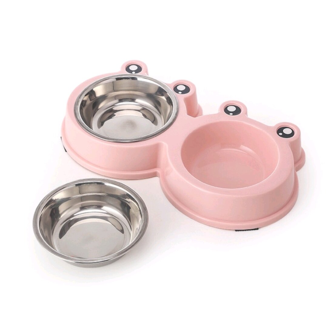 Bát ăn cho chó mèo 2 ngăn lòng inox hình ếch