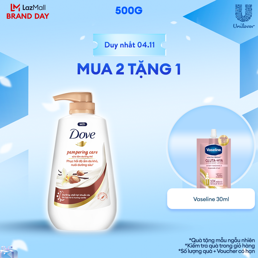 Sữa tắm dưỡng thể Dove Pampering Care phục hồi độ ẩm da khô với bơ hạt mỡ và hương hoa vanilla 500g