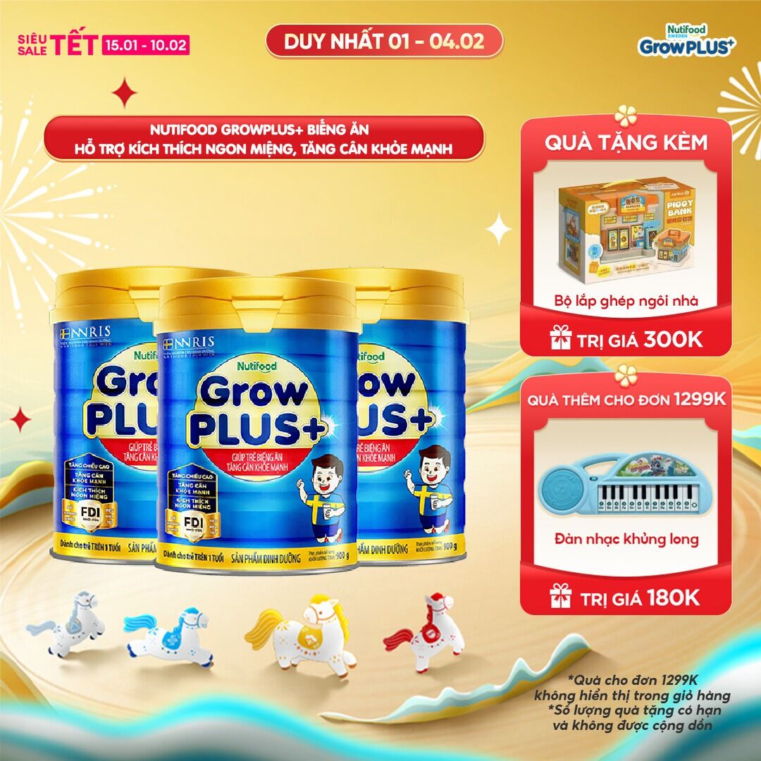 Combo 3 Sữa Bột Nutifood GrowPLUS+ Biếng Ăn 900g - Hỗ Trợ Kích Thích Ngon Miệng Tăng Cân Khỏe Mạnh 1