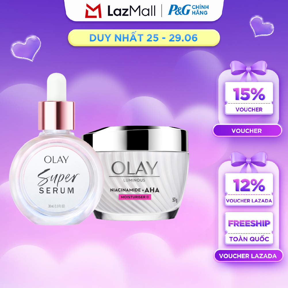 Combo 2 SUPER SERUM OLAY SỨC MẠNH TỪ 5 DƯỠNG CHẤT TRONG 1 - Chai 30ML Và Kem Dưỡng Ẩm OLAY LUMINOUS NIACINAMIDE AHA 50G