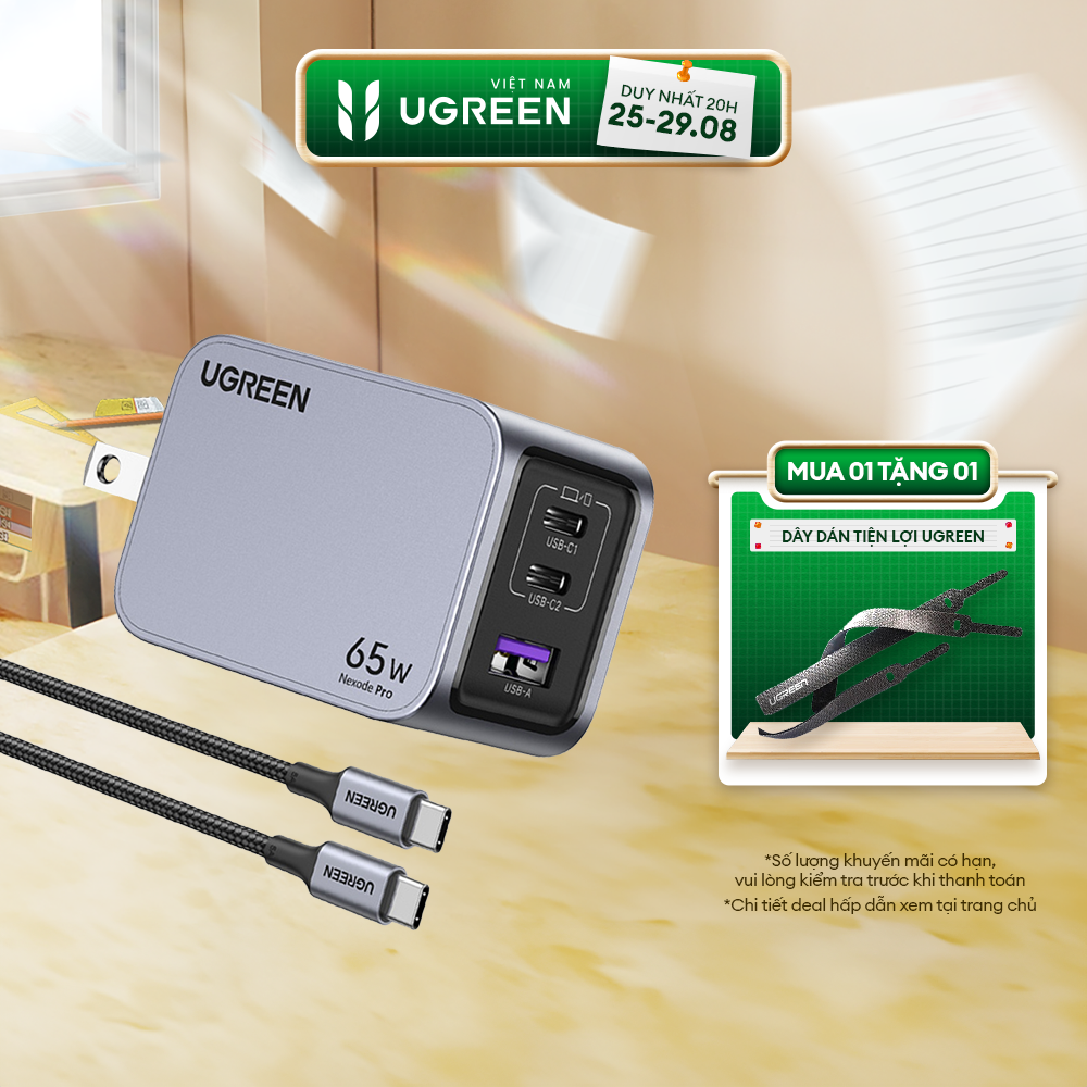Bộ sạc nhanh ugreen 65w nexode gan pro cd381 | 3 cổng sạc usb-c/usb-a| kèm cáp sạc nhanh type-c 100w 1.5m | bảo hành 18 tháng | 25870