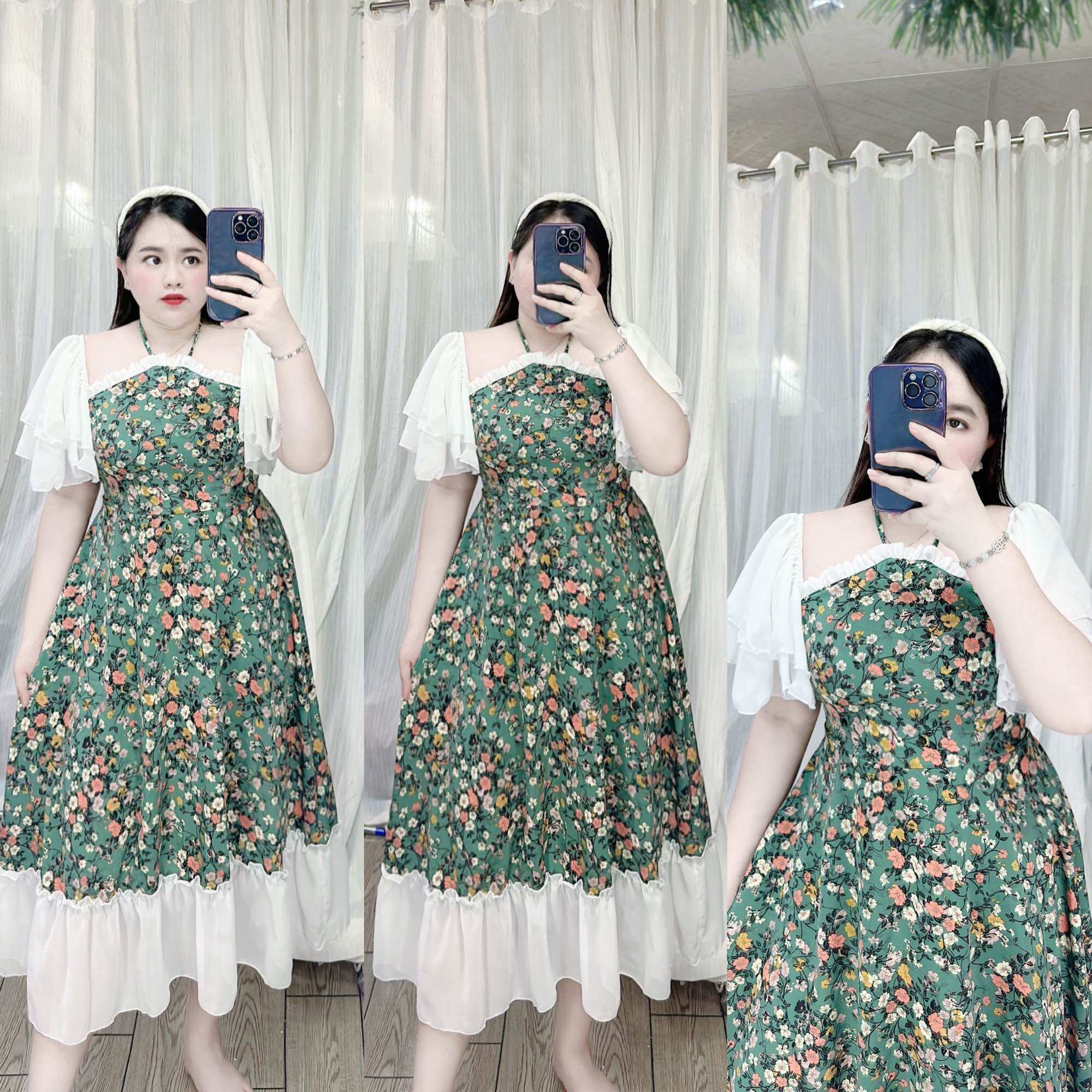 [Bigsize 60-90kg] Đầm cổ yếm cánh tiên lụa mango phối chiffon