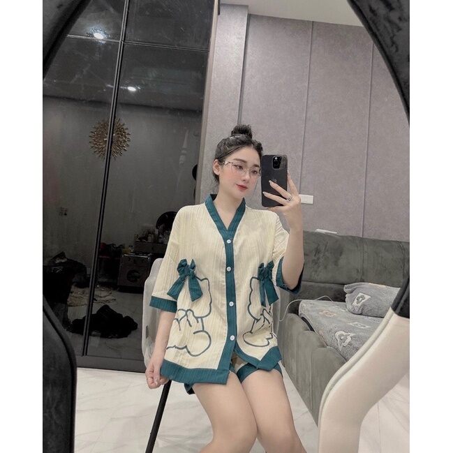 Sét bộ đùi  Pyjama nơ cổ Y phối viền.