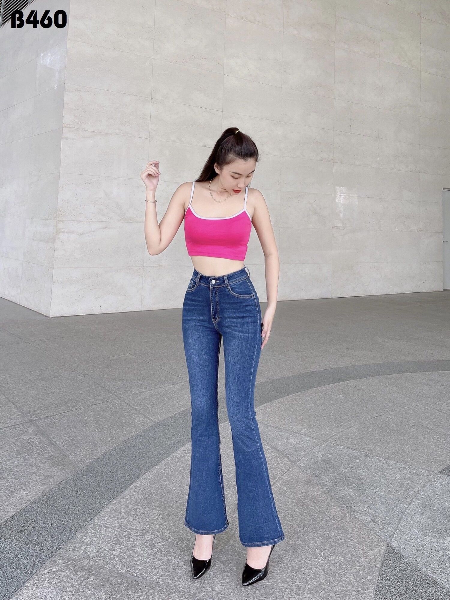 Quần Jeans Nữ Lưng Cao Ống Loe Dài Co Giãn