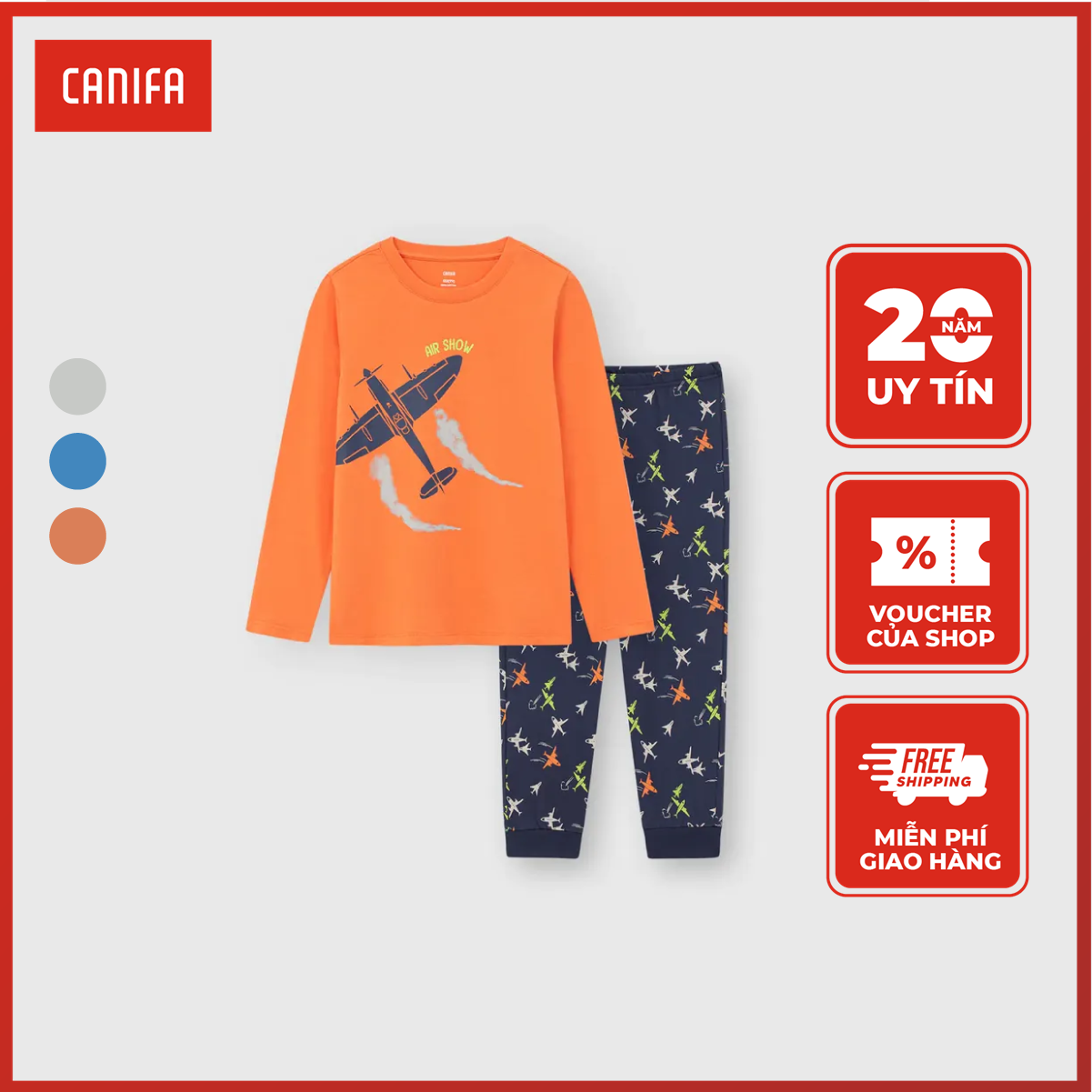 Bộ quần áo bé trai CANIFA cotton dài tay quần dài có hình in 2LS23W006