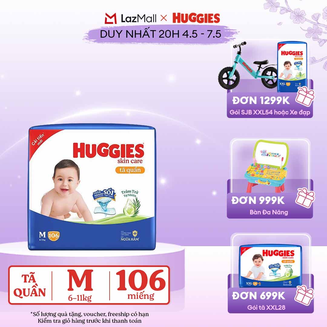 [CHỈ 20h 04-07.05 GIẢM THÊM 90K]  Gói Tã/bỉm quần HUGGIES SKINCARE MEGA JUMBO size M 102+4 miếng
