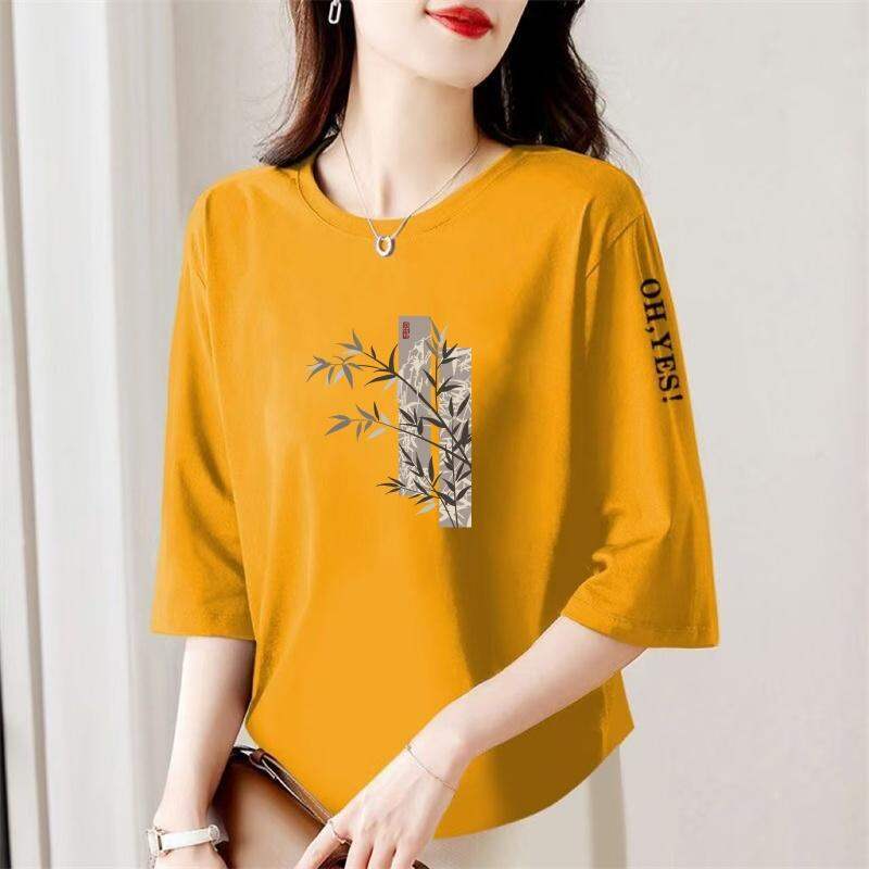 Áo Thun Tay Lửng in Họa Tiết Phong Cách Trung Hoa Rộng Rãi Cho Phụ Nữ Trung Niên Và Cao Tuổi Mùa Hè Thường Ngày