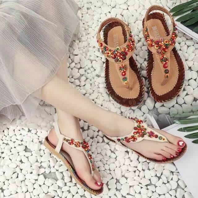 Giày sandal xỏ ngón hoạ tiết vintage đế cao xu bền đẹp