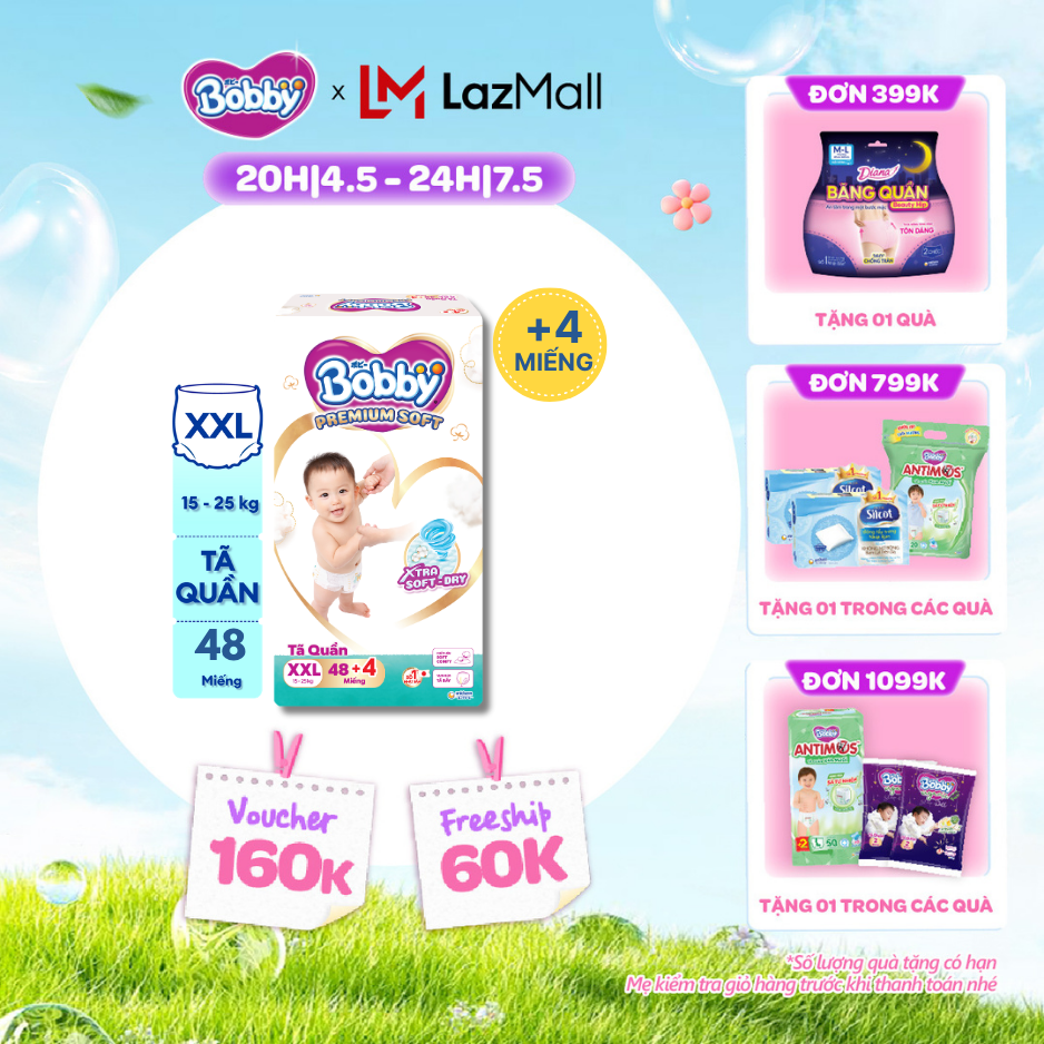 [CHỈ 20h 04-07.05 QT Đơn 899K/1199K][Tặng 4 miếng] Tã quần Bobby Premium Soft size XXL48