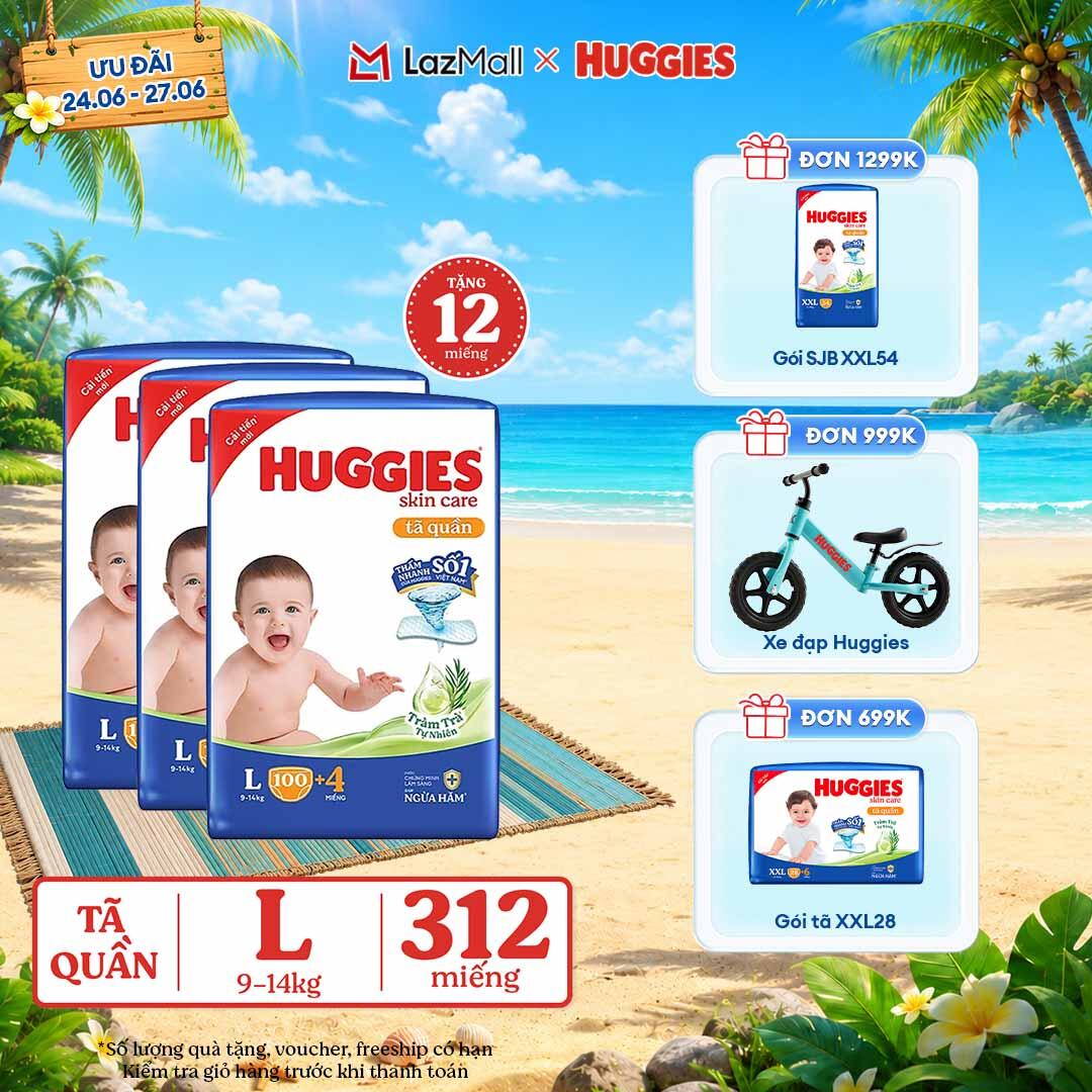 [Chỉ 25-29.06 GIẢM THÊM 90K] Combo 3 Gói Tã/bỉm quần HUGGIES SKINCARE MEGA JUMBO size L96+8 miếng/ L100+4 miếng