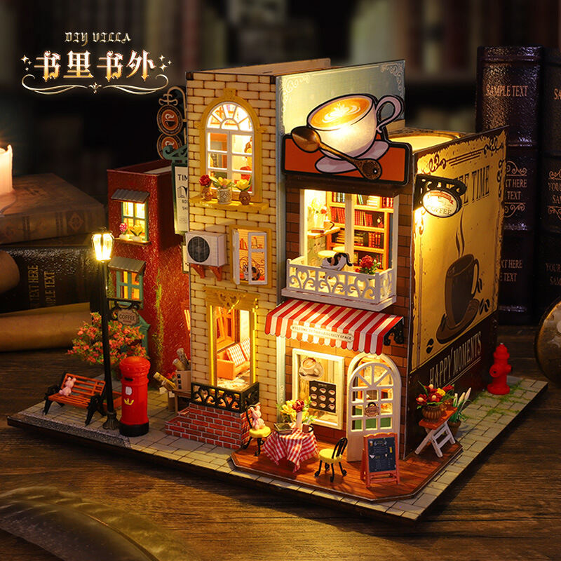 Mô hình đồ chơi DIY Nhà búp bê Cafe Sách thủ công tự làm lấy bằng gỗ phong