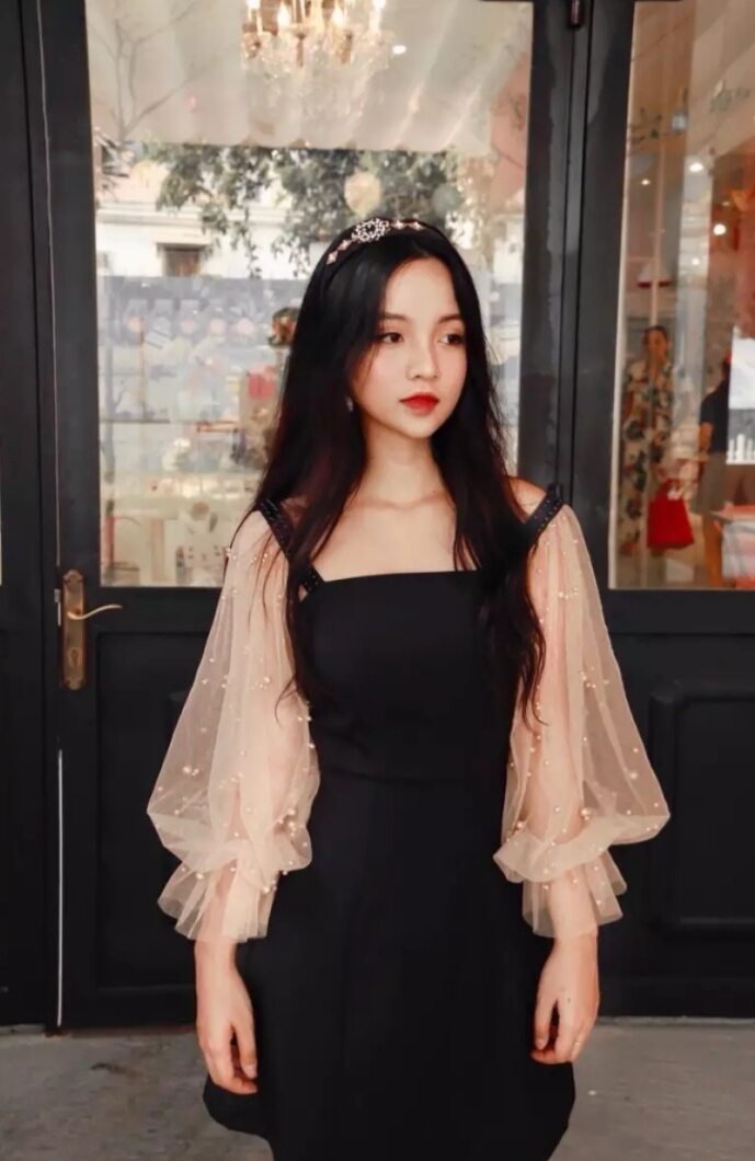 Đầm nữ dự tiệc tay phồng lưới đính ngọc, vải cát hàn dày dặn - new size l