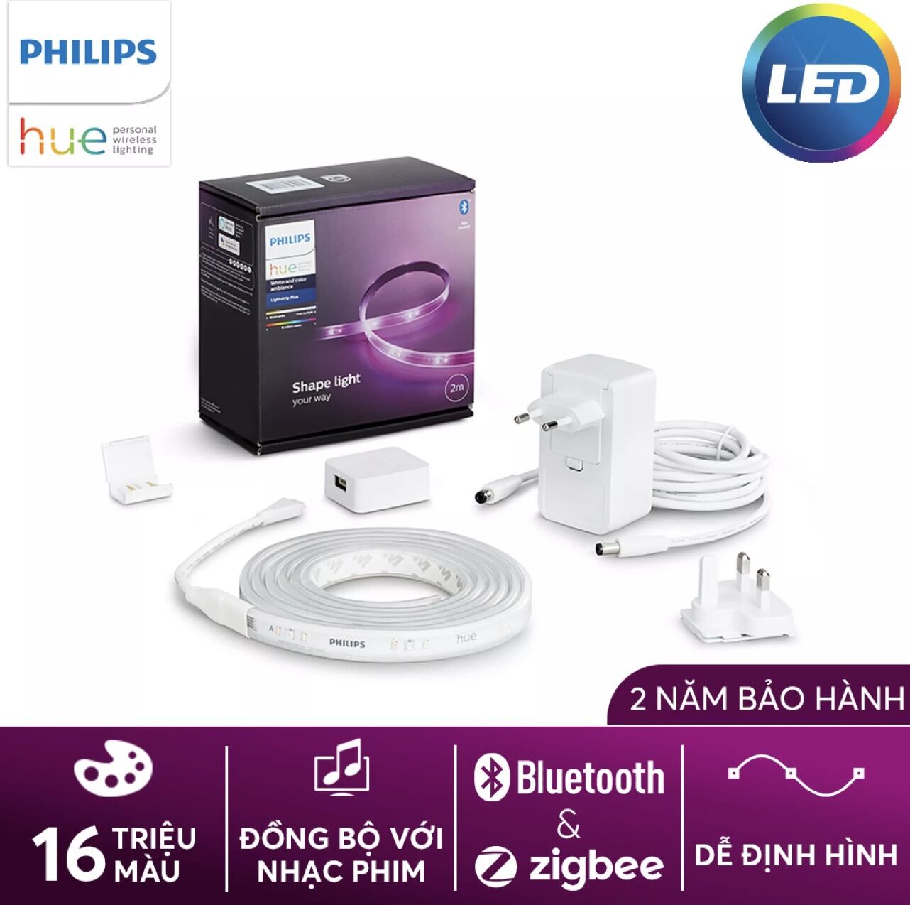 Trọn bộ dây led philips hue 16 triệu màu lighstrip 2 mét cơ bản đồng bộ ánh sáng theo nhạc và tivi. sản phẩm chính hãng philips. philips hue