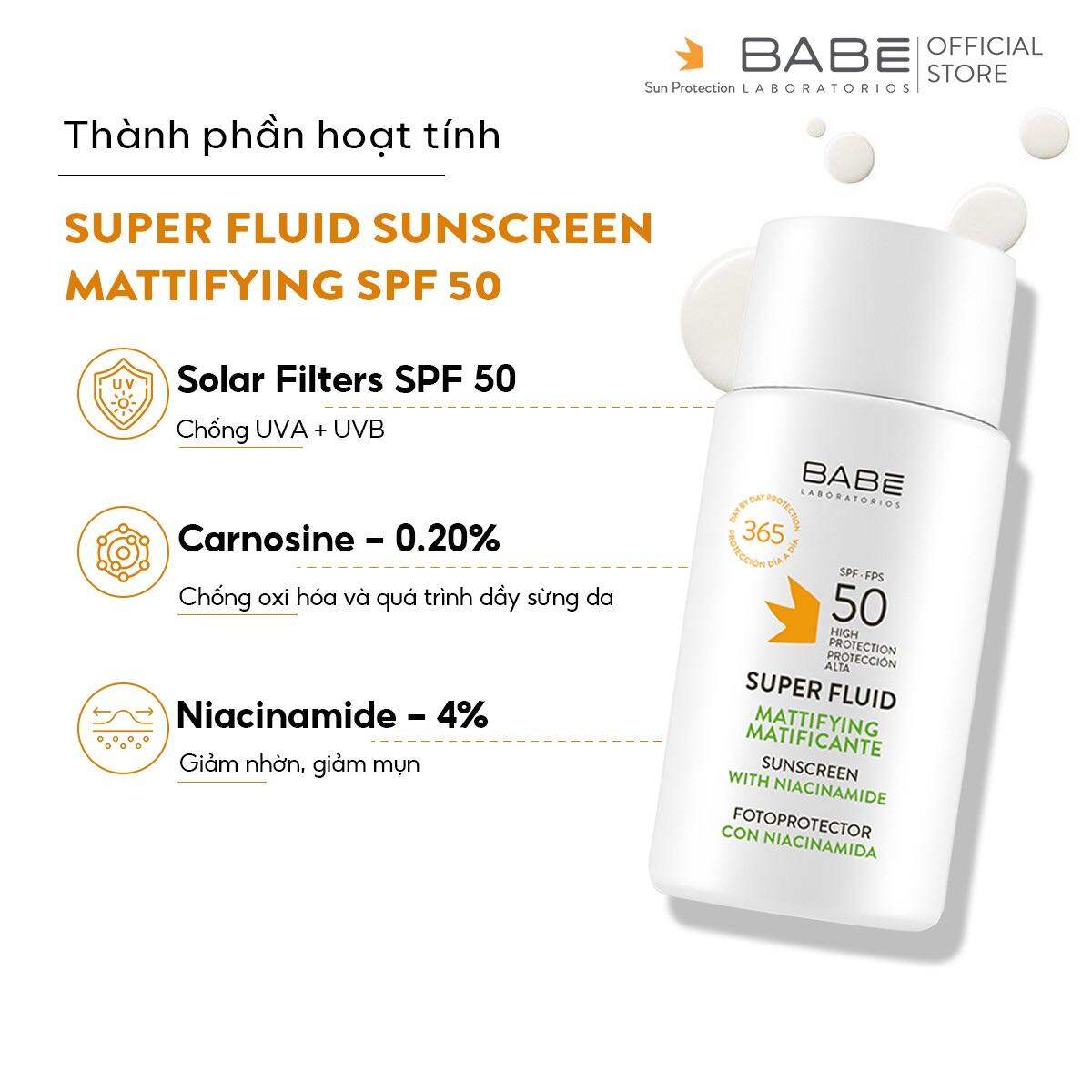 Kem chống nắng cho da dầu mụn Babe Super Fluid Mattifying Sunscreen SPF 50