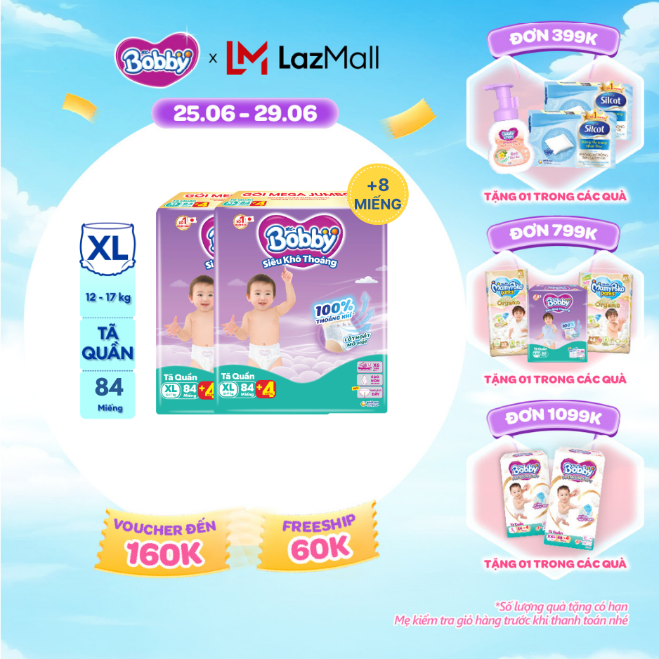 [SALE CUỐI THÁNG tặng QUÀ TO-SLCH][TẶNG MIẾNG NGẪU NHIÊN] Combo 2 Tã/bỉm quần Bobby 3mm Mega Jumbo Siêu khô thoáng XL84