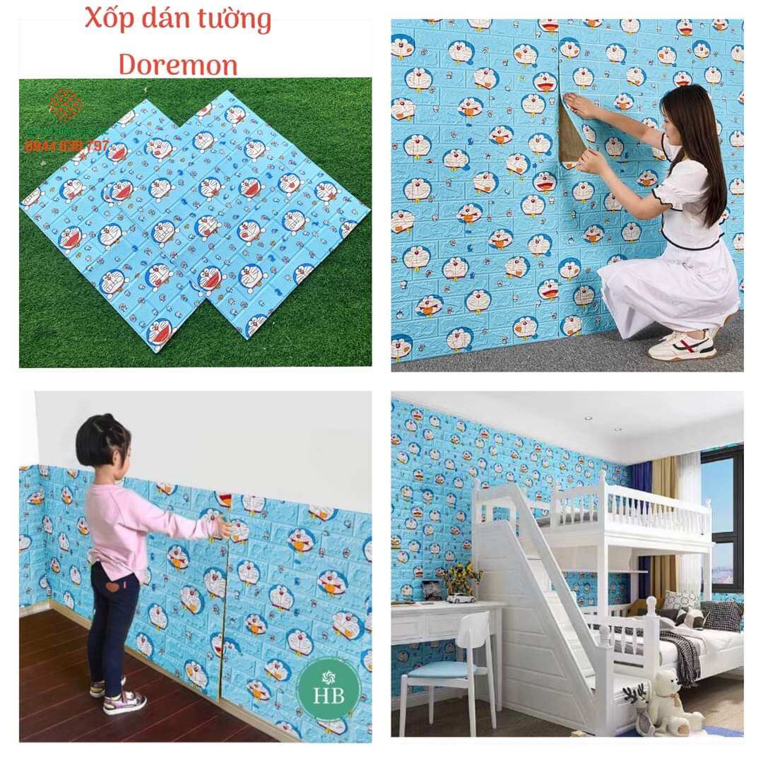 Xốp Dán Tường 3D Hình Doraemon sọc 70x77cm, Sẵn Keo Bóc Dán