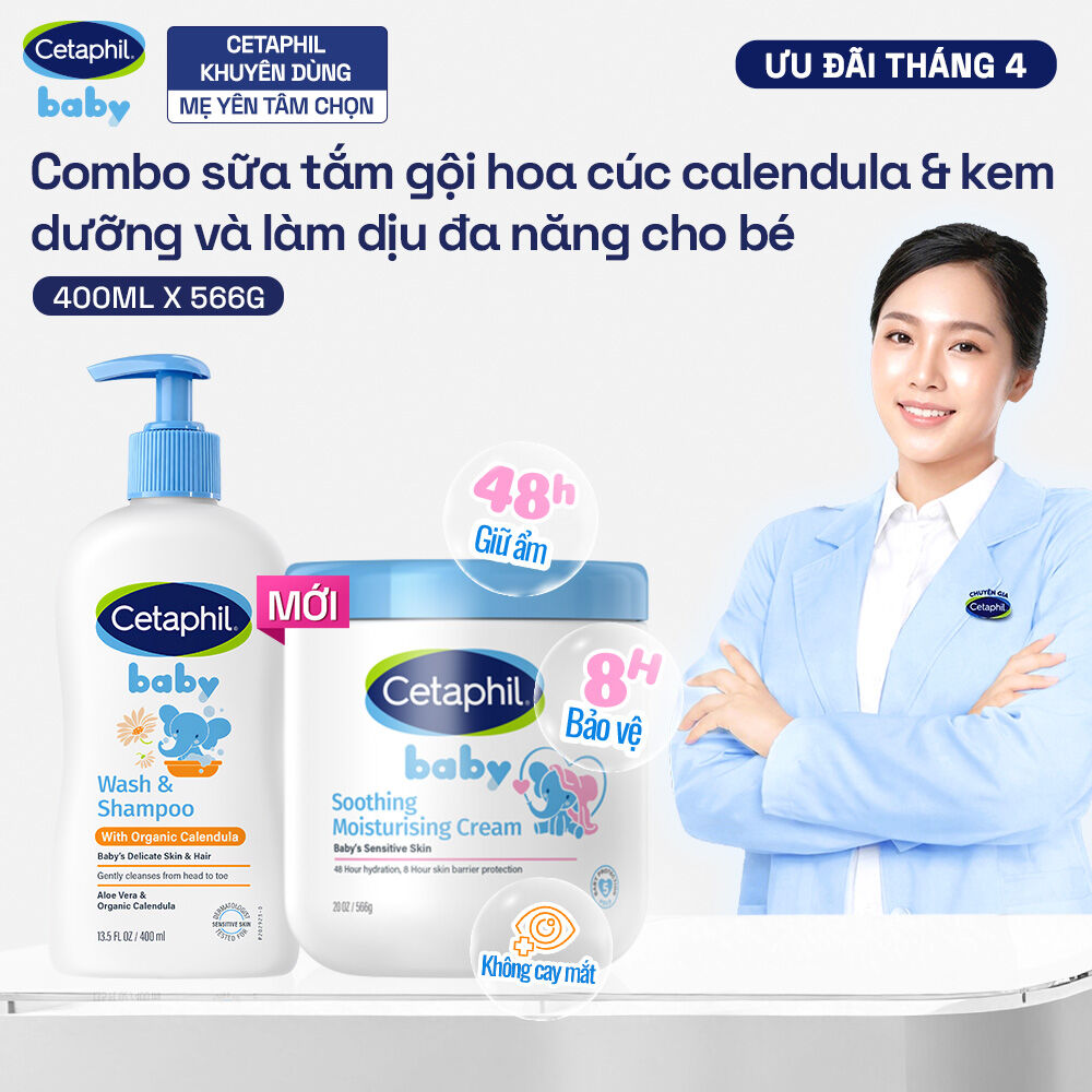 Combo Sữa tắm dưỡng ẩm dịu lành cho bé với Calendula hoa cúc hữu cơ CETAPHIL BABY WSHAMPOO CALENDULA 400ML  Kem làm dịu và dưỡng ẩm cho bé Cetaphil Baby Soothing  Moisturising Cream hũ 566g