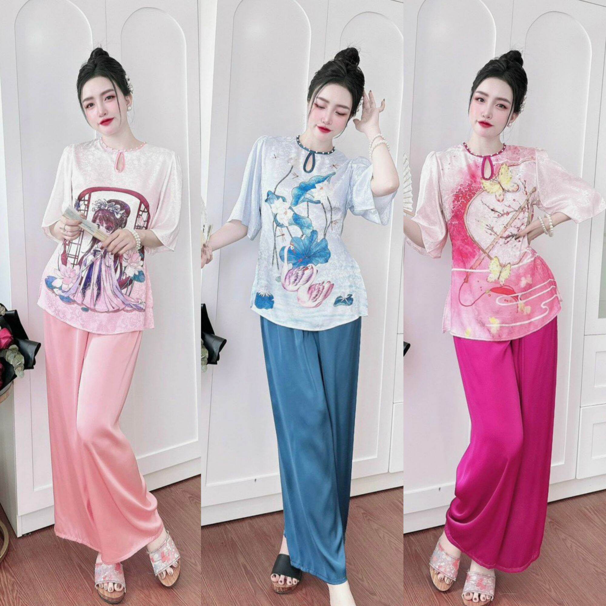 Bộ sét lam gấm 2 da phối quần lụa latin