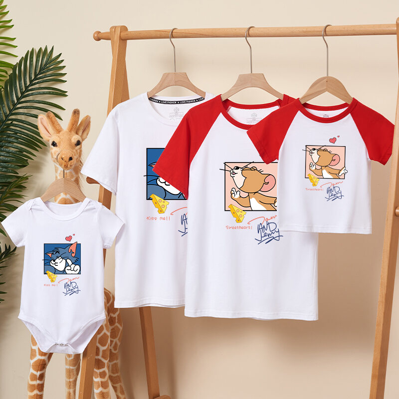 Trang Phục Gia Đình Hoạt Hình Áo Thun Trang Phục Mẹ Con Cỡ Lớn Cotton Một Nhà Bốn Người Ba Người Trang Phục Mùa Hè Áo Tay Ngắn Áo Thun