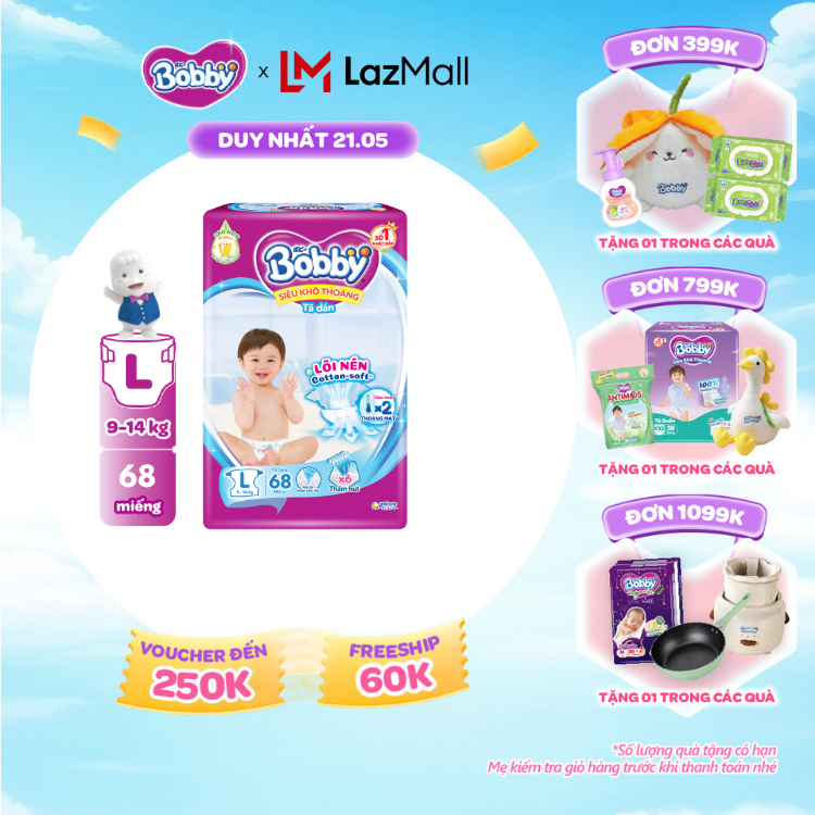 [SALE CUỐI THÁNG tặng QUÀ TO-SLCH]Tã/Bỉm dán Bobby 3mm Ultra Jumbo Siêu khô thoáng L68