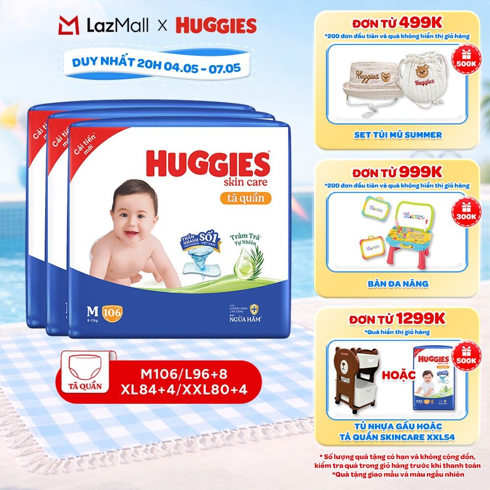 Combo 3 gói Tã quần Huggies Skincare Mega Jumbo M106/L100+4/XL84/XXL76 với tràm trà dịu da