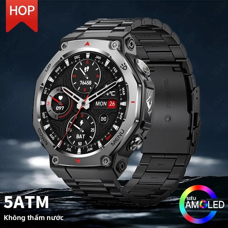 Đồng Hồ Thông Minh LIGE NEW Dành Cho Nam, Chống Nước IPX8 5ATM, Màn Hình AMOLED 1.43”, Pin 525mAh, Đèn LED, Theo Dõi Sức Khỏe, Theo Dõi Giấc Ngủ.