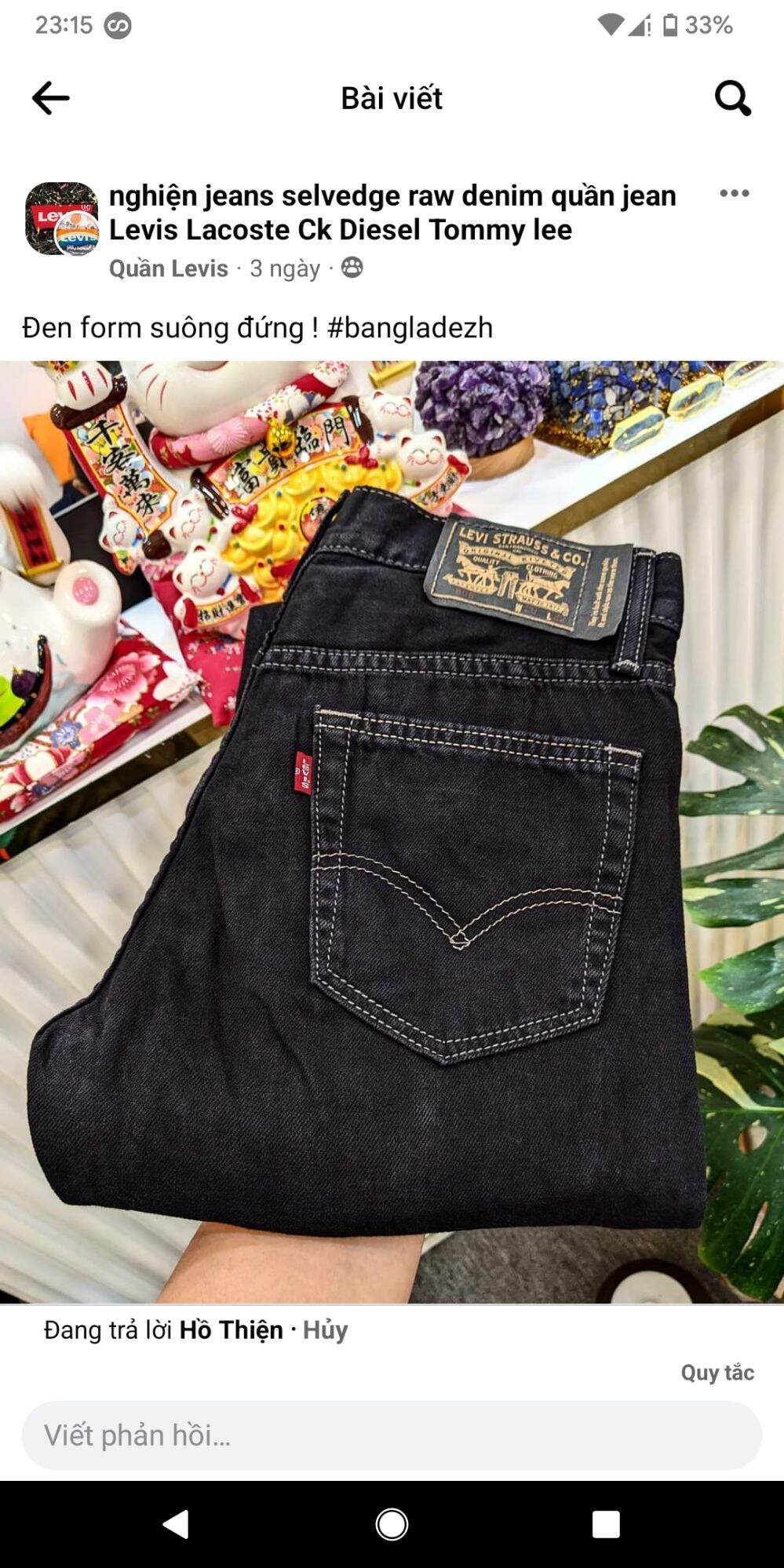 Quần jeans levis màu đen chỉ màu gạo form đứng chất k giãn