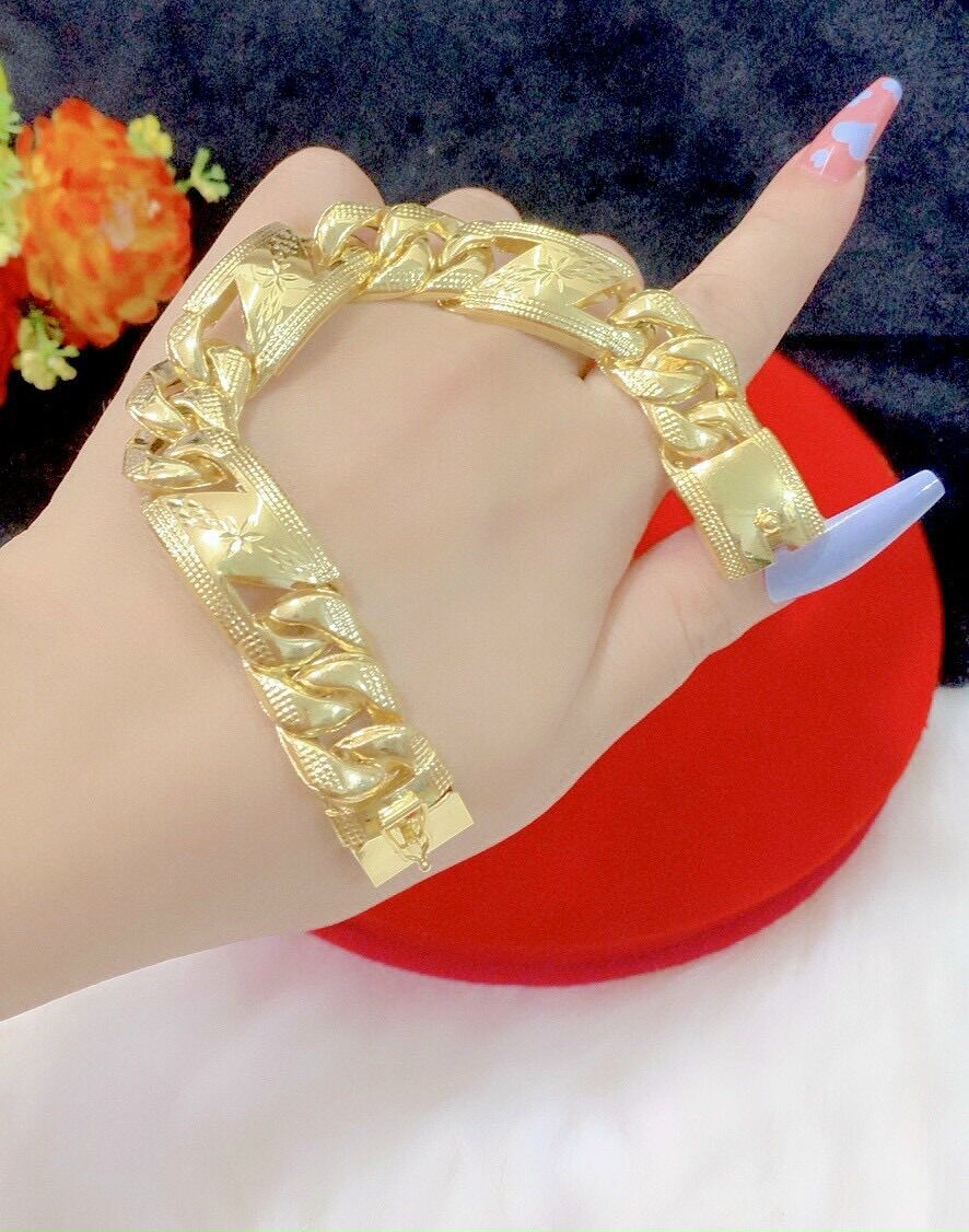 Lắc tay bọng nam lẫn nữ chạm hoa văn mạ vàng 18k