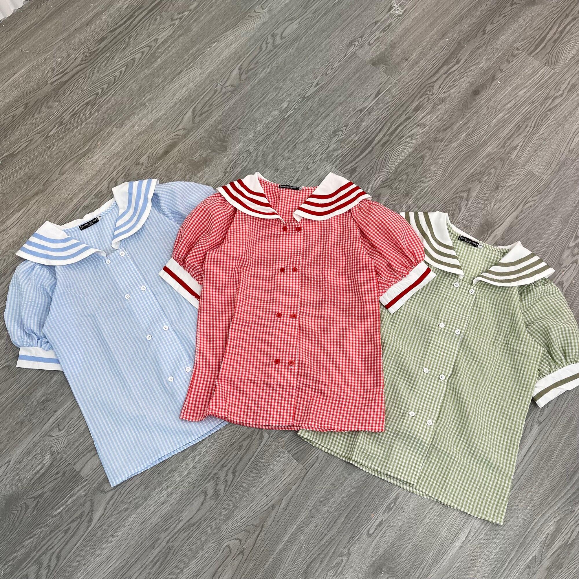 MS157 áo sơ mi công sở cổ thuỷ thủ caro xinh xắn ảnh thật