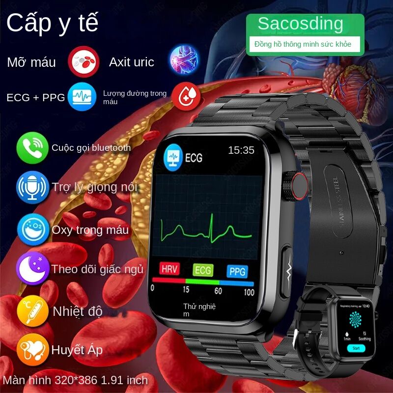 2023 New Y Tế Cấp Thông Minh Đồng Hồ Lượng Đường Trong Máu Máu Lipid Axit Uric ECG + Ppg Nhiệt Độ Cơ Thể Bluetooth Cuộc Gọi Sức Khỏe Smartwatch