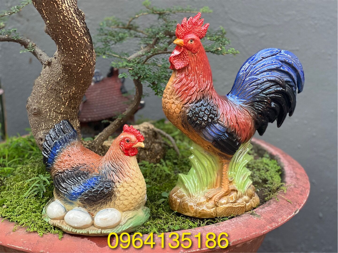 Tượng gà trống mái gốm sứ Bát Tràng