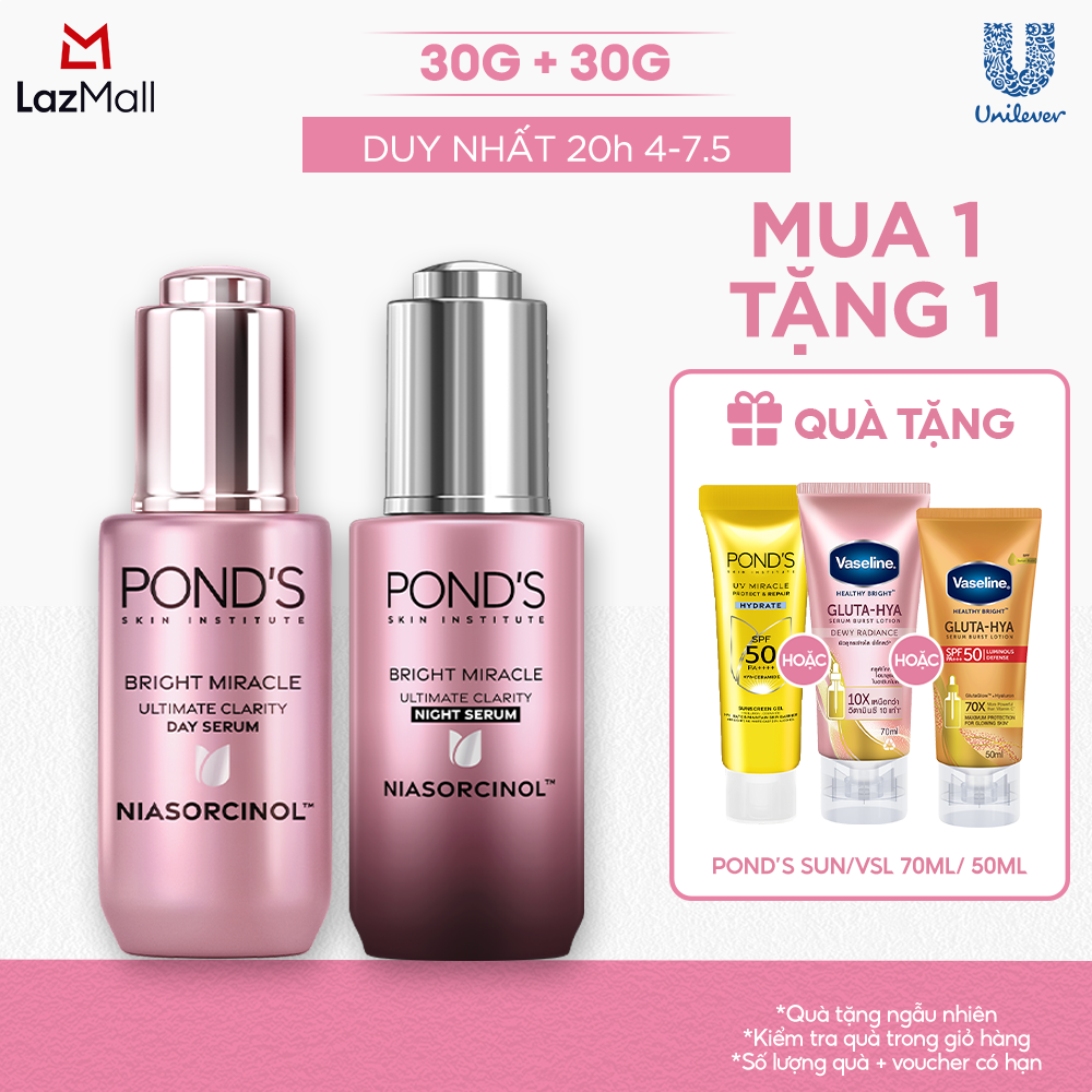Bộ 2 Serum dưỡng sáng da đa tầng ngày  đêm Pond's Bright Miracle mờ thâm sạm với 50X Niasorcinol 30G+30G