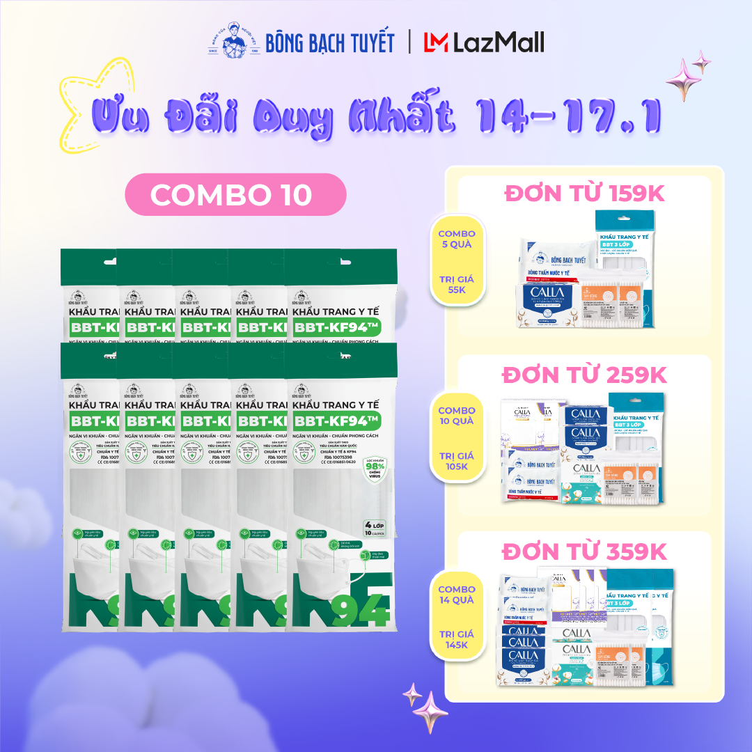 Combo 10 Gói Khẩu trang Bông Bạch Tuyết KF94 4 lớp trắng (10 cái/gói)